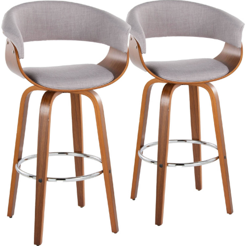 Vintage Mod 30" Swivel Bar Stool in Walnut Wood & Stone Fabric with Chrome Footrest (Set of 2)